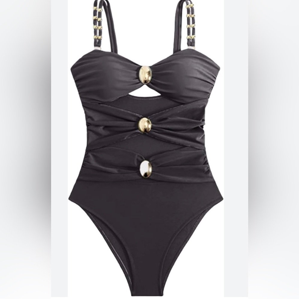 Black One-Piece Swimsuit with Gold Accents and cutouts - Picture 3 of 10
